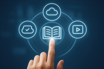 Digital education concept with finger pointing on open book icon and cloud storage symbols