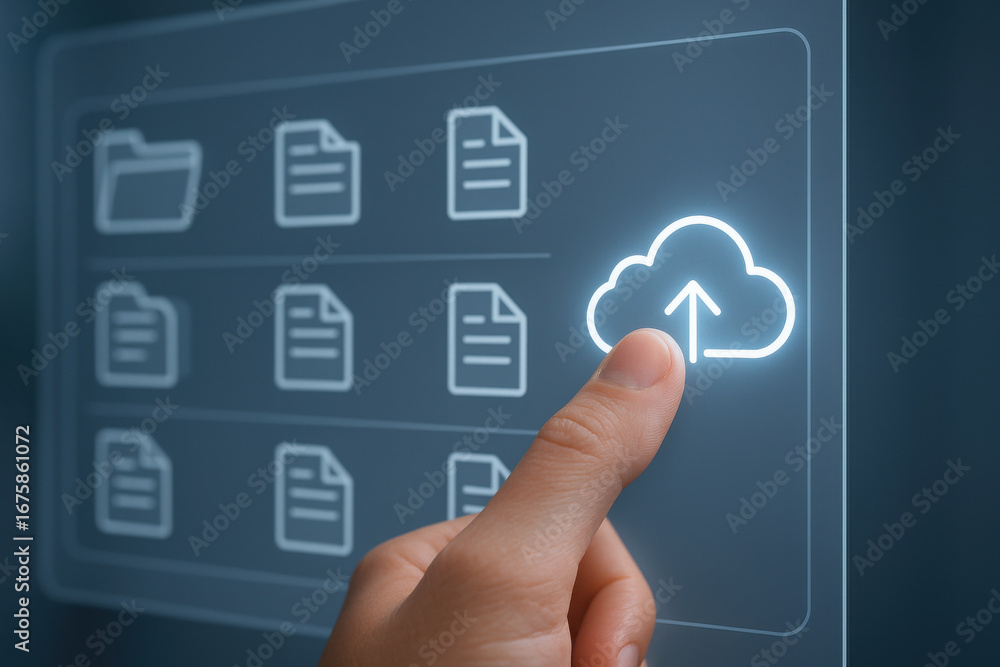 Aufkleber finger touching cloud upload icon on digital screen with file folder and document icons