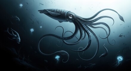 A giant squid swimming in the deep ocean with bioluminescent plankton, an underwater scene