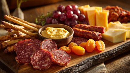 A beautiful and rustic charcuterie board filled with a gourmet selection of cured meats, cheeses, fresh grapes, dried apricots, and artisan breadsticks. This image is perfect for a party, celebration