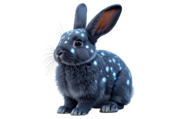 Obraz premium A cute grey rabbit with glowing spots on its fur, sitting against a transparent background. background removed