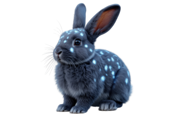 A cute grey rabbit with glowing spots on its fur, sitting against a transparent background. background removed