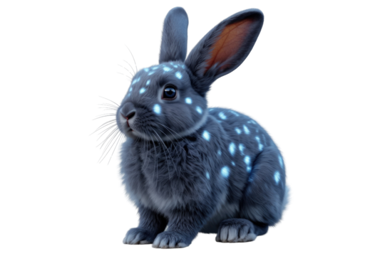 A cute grey rabbit with glowing spots on its fur, sitting against a transparent background. background removed