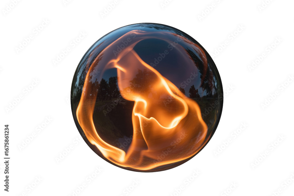 Poster a mesmerizing image of fire contained within a transparent sphere, isolated against a transparent ba