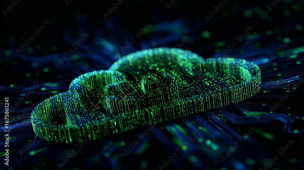 Poster digital cloud computing concept with glowing green lines and dark blue background abstraction design