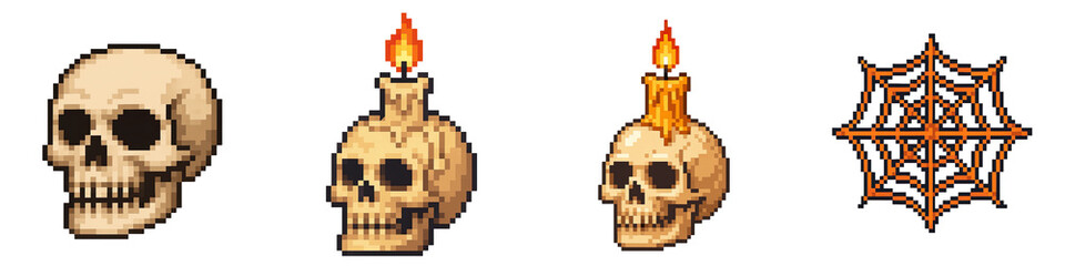 Obraz premium Halloween pixel art features spooky skulls with burning candles and detailed spider web in retro style