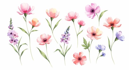 Naklejka premium A Beautiful Assortment of Delicate Watercolor Flowers in Various Shades of Pink Purple and Orange Perfect for Springtime Decorations and Designs