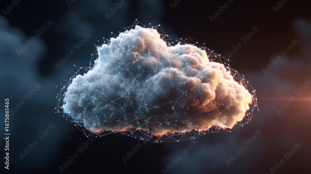 Aufkleber a digital cloud formation surrounded by a network of interconnected lines and nodes on dark backgrou