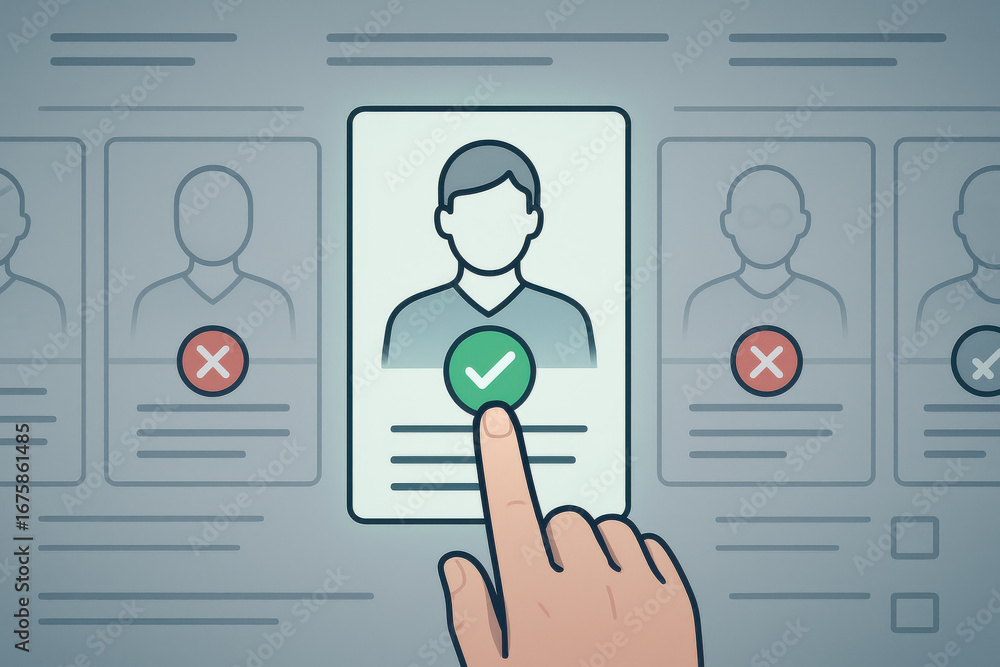 Poster hand selecting candidate profile with check mark for approval and rejection concept
