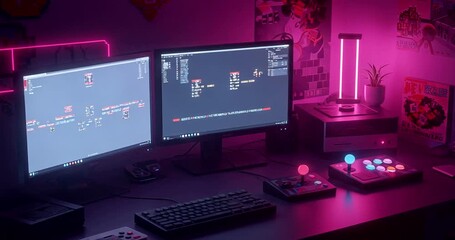 Modern gaming setup with neon lights and monitors - Powered by Adobe