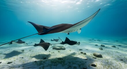 A school of majestic manta rays gracefully gliding through clear turquoise ocean water over a sandy seabed.