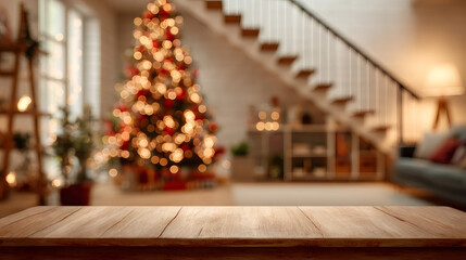 Empty wooden table with blur Christmas tree. Holiday background with decorated fir. Cozy interior for winter celebration idea.
