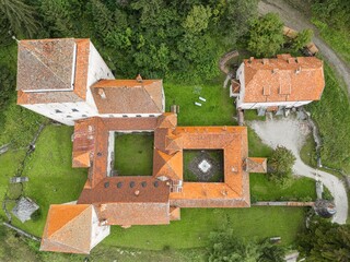 View from above of Castel Gardena in Santa Cristina Valgardena. South Tyrol, Italy