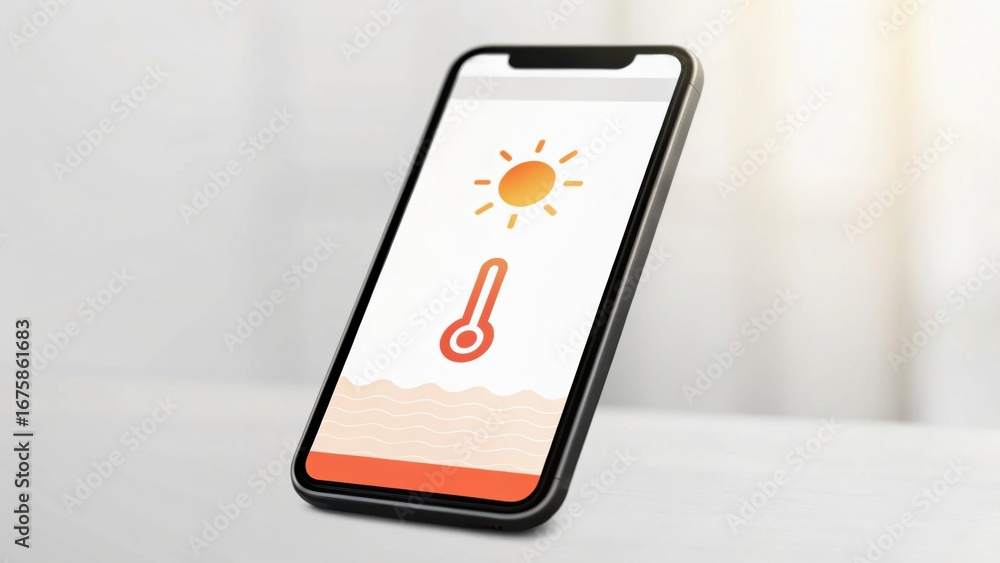 Poster a smartphone displaying a weather app with a sun and thermometer graphic on a light background.