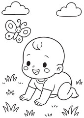 coloring book baby crawling on grass while looking at butterfly outdoors