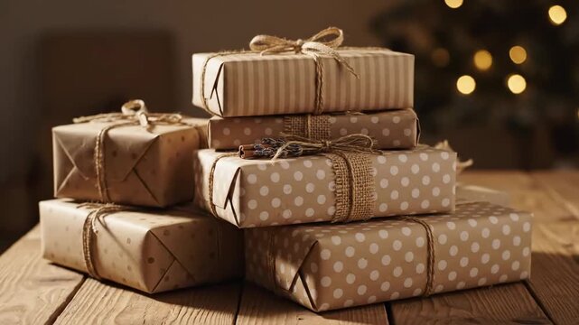 Rustic Wrapped Christmas Gifts on Wooden Table - A stack of presents wrapped in natural brown and beige paper sits on a rustic wooden table.