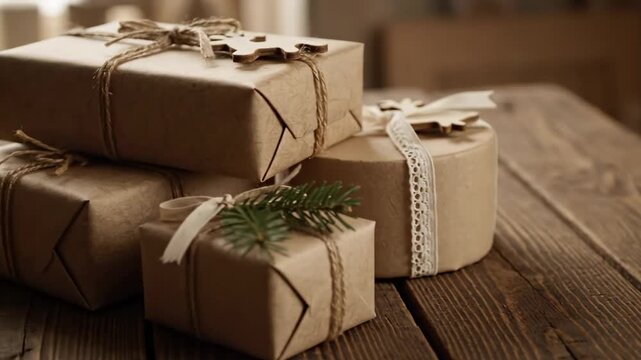 Rustic Christmas Gifts on Wooden Table - Several presents wrapped in kraft paper and twine sit stacked on a dark brown wooden table.