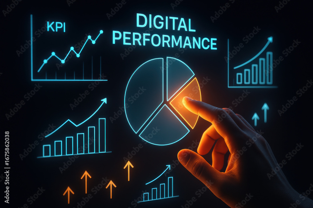 Poster digital performance concept with hand pointing at pie chart and growth graphs glowing