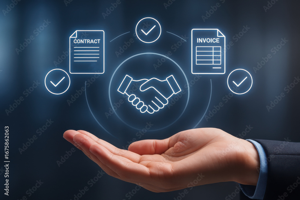 Poster business handshake contract and invoice icons floating above hand with check marks