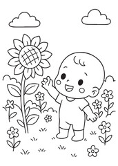coloring book baby standing near sunflower and flowers in garden