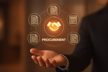 Fototapeta premium Procurement concept with handshake icon and document symbols glowing above open hand