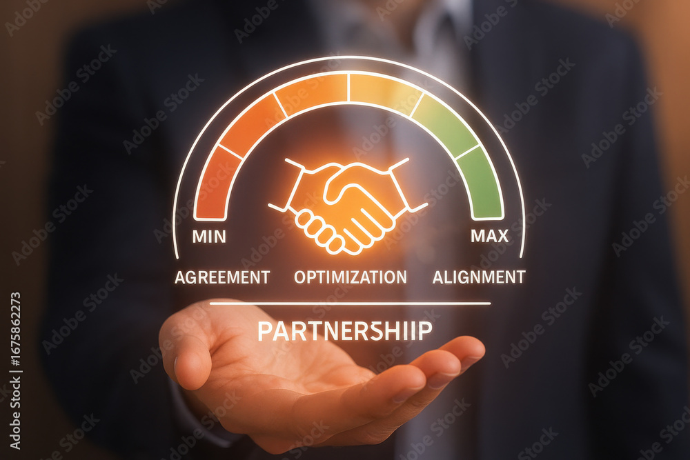 Poster partnership optimization concept with handshake icon and progress meter glowing above open hand