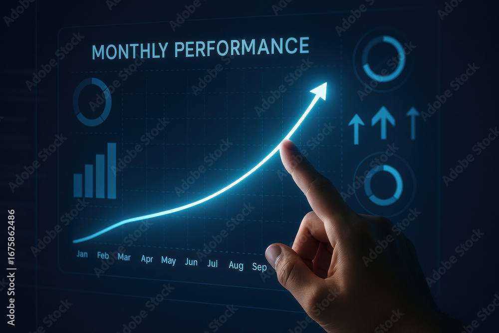 Aufkleber monthly performance graph with hand pointing at upward trend on digital screen