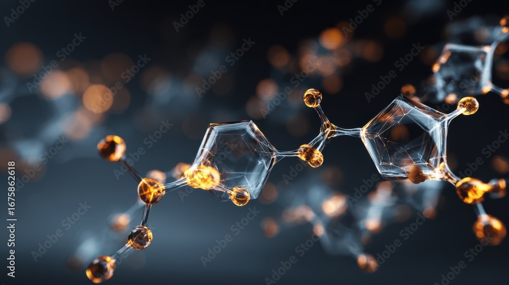 Poster a dynamic rendering of interconnected molecules glowing softly, representing medical breakthroughs a