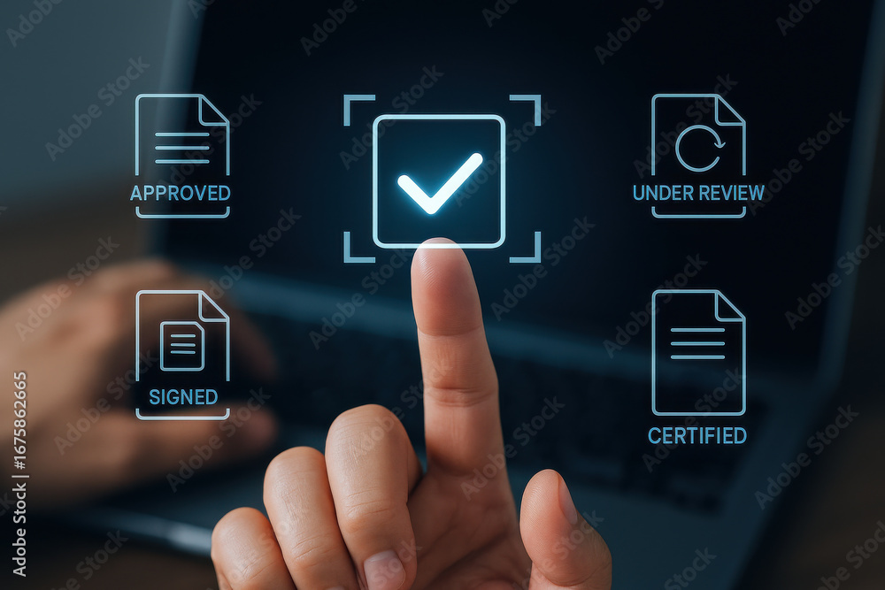 Poster finger pressing digital checkmark icon with document approval and certification icons