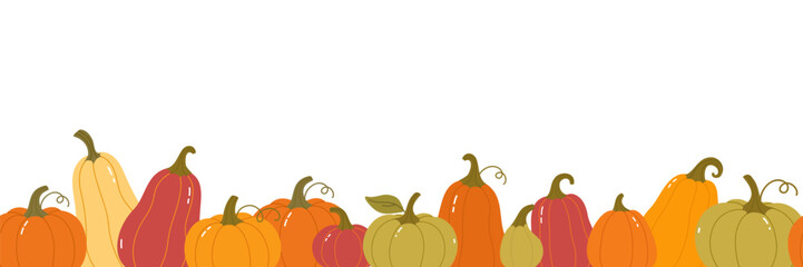 Obraz premium Autumn Pumpkins and Gourds in a Decorative Border on White Background Seasonal Vector Illustration of Colorful Pumpkins Arranged in Artistic Frame Style for Harvest Festival and Thanksgiving Design