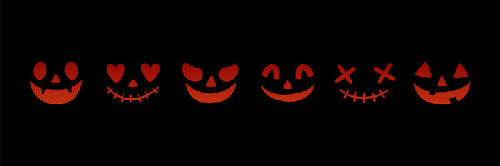 Halloween Pumpkin Faces with Creepy and Funny Expressions in Orange on Black Background Scary Jack O Lantern Set for Seasonal Decoration Party Invitation Sticker and Print Design