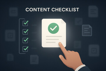 Content checklist with hand pointing on document and green check marks