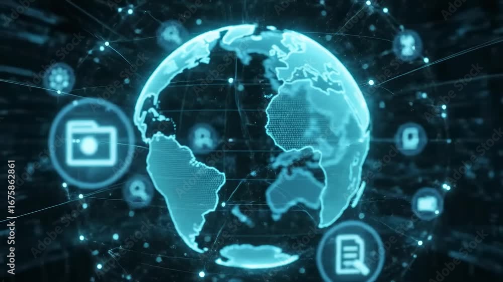 Poster global network technology concept - a digital video of the earth with glowing lines connecting data 
