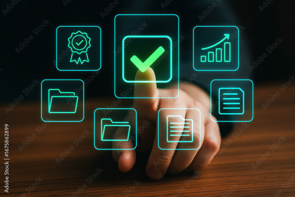 Poster digital checkmark icon with hand pointing, surrounded by folder and document icons