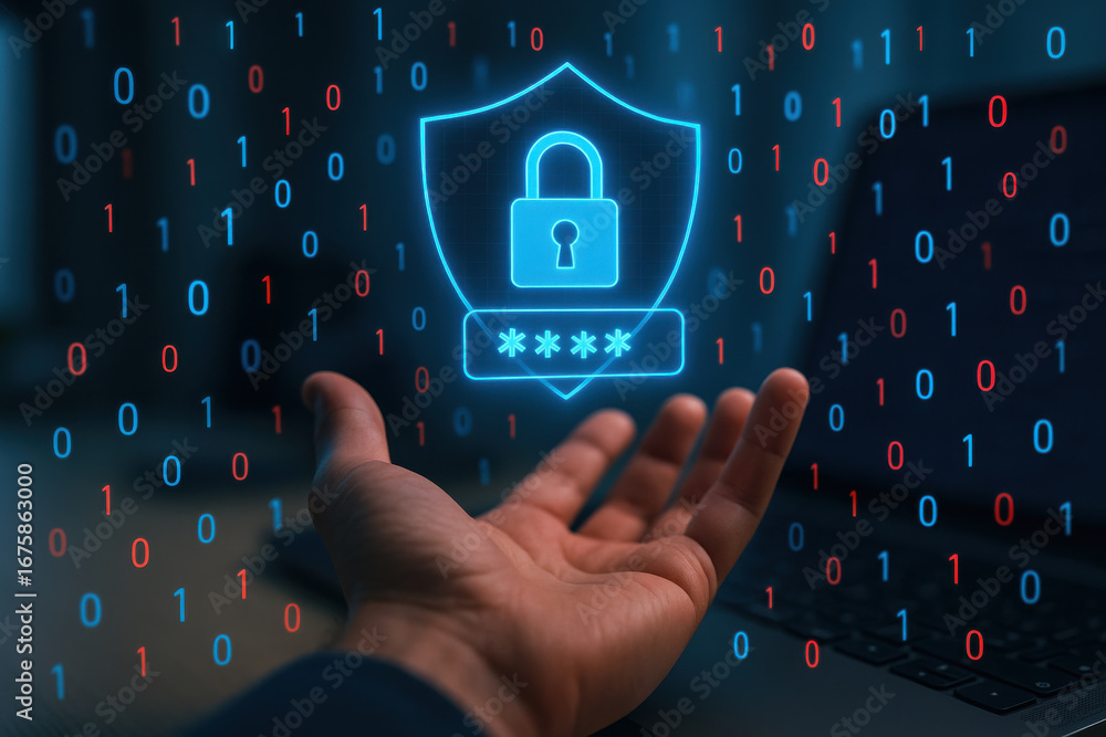 Poster hand with digital security shield and lock symbol with binary code background