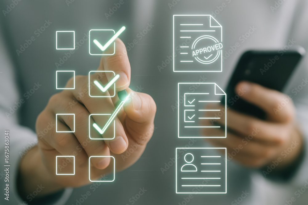 Poster checklist with approved document icons and hand selecting checkboxes on transparent screen