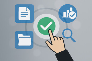 Hand pointing at checkmark icon with document, folder, magnifying glass, and chart icons