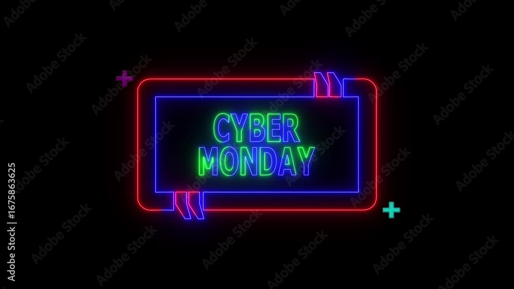 Poster neon sign cyber monday text frame border and lopping plus icon with on black background.