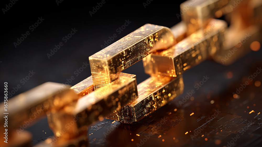 Poster close up of a golden chain with a dark background and digital pattern on the chain links