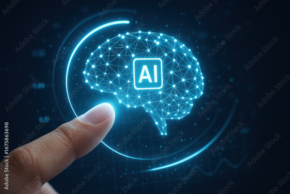Poster artificial intelligence concept with finger touching digital brain network glowing