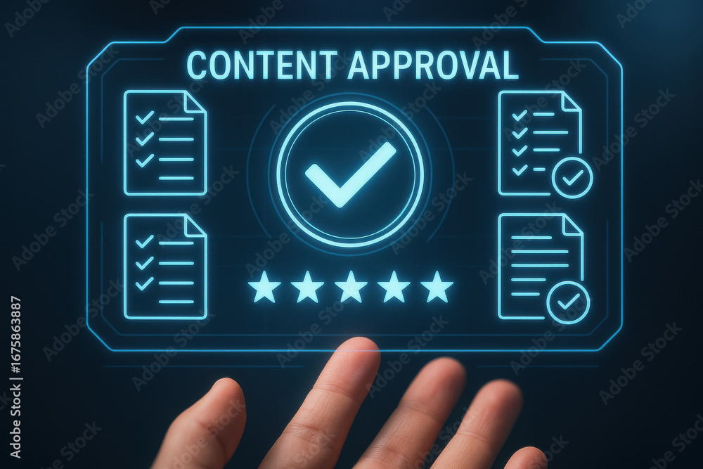 Aufkleber content approval concept with check mark and five stars rating glowing on virtual screen