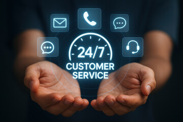 Fototapeta premium 24/7 customer service with communication icons and hands offering support