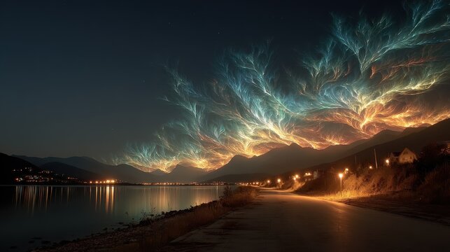 Fractal illumination patterns created by neutrino trails for astronomy and physics visualization.