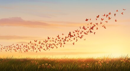 A breathtaking vista of a field at sunset, filled with a multitude of butterflies taking flight, creating a mesmerizing scene of freedom and beauty.