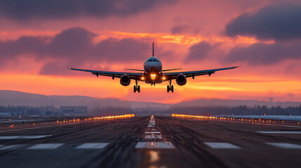 Passenger airplane makes dramatic landing on wet runway at sunset. beautiful, scenic sky fills with color as aircraft approaches with its lights on, creating an awe inspiring view