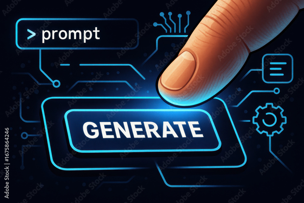 Poster generate button with finger pressing and prompt text on digital interface