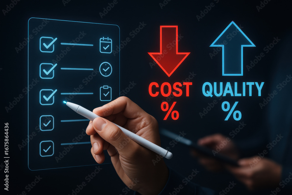 Poster hand holding stylus checking digital checklist with cost down and quality up arrows