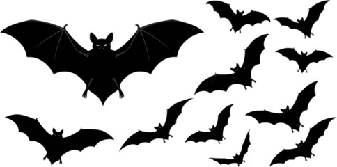 Fototapeta premium Halloween bat and bats silhouette, Bat icon, set of halloween bats vector illustration on a white background 