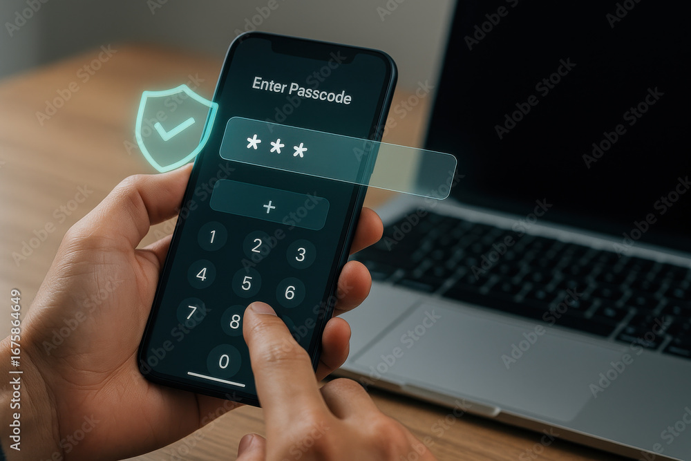 Poster person entering passcode on smartphone with laptop in background for security access