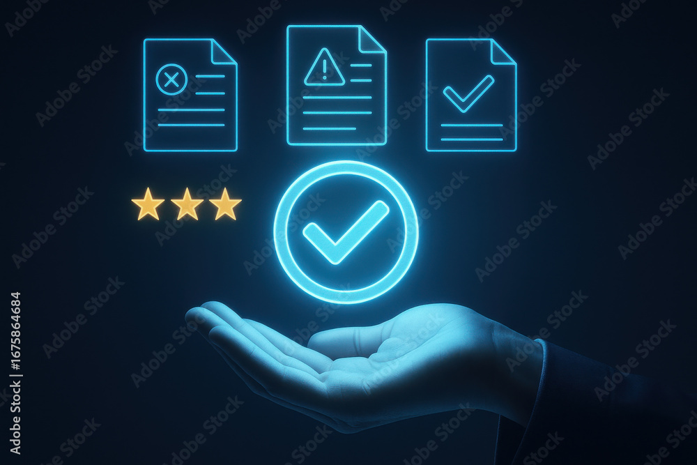 Poster hand holding glowing check mark icon with document and star rating symbols in dark background